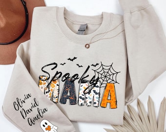 Custom Halloween Mama Sweatshirt, Mom Shirt With Kids Names on Sleeve, Halloween Mama Tee, Gift For Spooky Mama, Halloween Children Name Tee