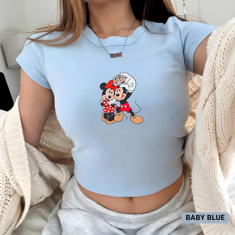 Mickey Mouse Selfie Pose Baby Tee, Retro Disney Mickey Minnie Mouse Crop Top, Retro Disney Trip Tee, Y2k 90s Style Mickey Mouse Cropped Top Baby Blue