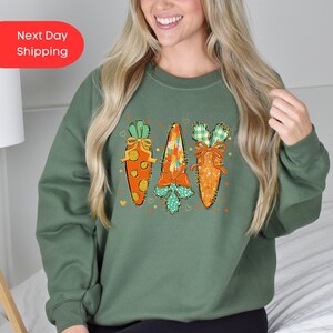 Sweater met vrolijk Pasen-wortel, sweater met paasdag voor dames, tuinsweater, sweater met lentekonijn, paascadeau voor vrouw
