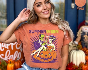 Maglietta Summerween Comfort Colors®, Maglietta estiva con scheletro, Maglietta estiva spettrale, Maglietta estiva retrò, Maglietta estiva da ragazza, Maglietta con vibrazioni da spiaggia, Maglietta con film spaventosi