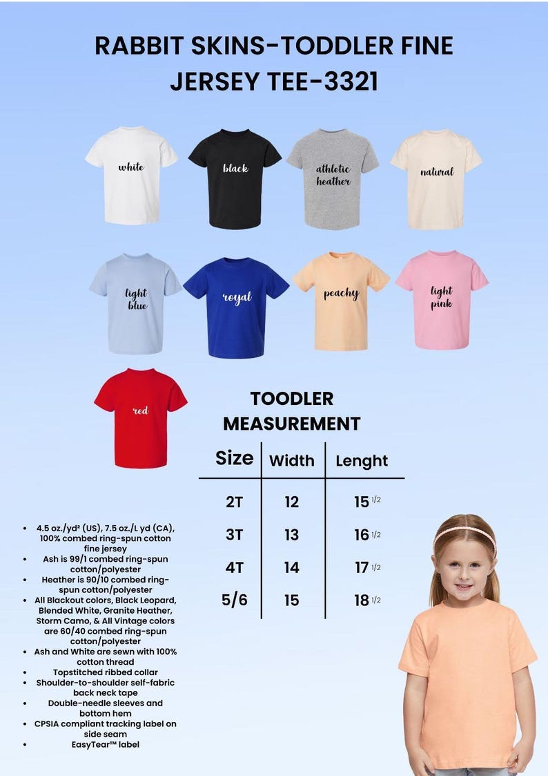 K&ouml;nnte beinhalten: Eine Auswahl an feinen Jersey-T-Shirts f&uuml;r Kleinkinder in verschiedenen Farben wie Wei&szlig;, Schwarz und Rot. Das Bild zeigt eine Gr&ouml;&szlig;entabelle mit Ma&szlig;en in cm und ein junges M&auml;dchen, das ein pfirsichfarbenes T-Shirt tr&auml;gt.