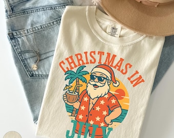 Comfort Colors® Christmas in July Shirt, Santa Summer Shirt, Christmas In Summer, Xmas In July Gift, Tropical Christmas Family Gift Shirt