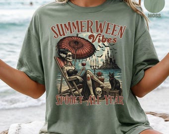 Camiseta Summerween Comfort Colors®, Camiseta de novia espeluznante, Camiseta de noche de terror, Camiseta de Halloween de verano, Camiseta de noche de terror, Camiseta de esqueleto de playa