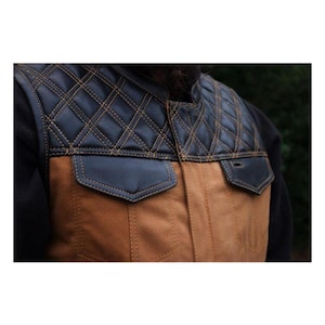 Heren motorfiets stijl zwart leer bruin canvas jacht club leren vest leren vest voor heren biker stijl vest clubvest