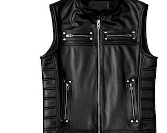Mens Motorcycle Style Fully Grain Cowhide Black Leather Vest Biker Style Leather Vest Casual Wear Fashion Leather Vest Gift for Him