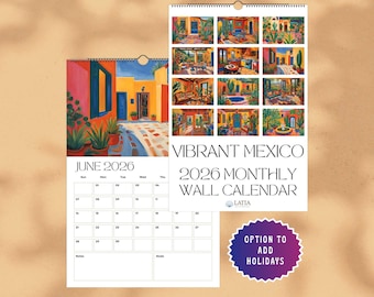 Calendario 2026 con lámina artística para pared, ideal para la oficina o como regalo. Arte mexicano para el jefe. Planificador mensual de pared, estilo maximalista y colorido.