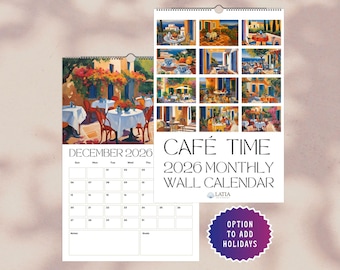 2026 Kitchen Calendar Mediterranean Cafe Art Print Monthly Planner European Café Landscape Calendar Gift for Home Office Kitchen