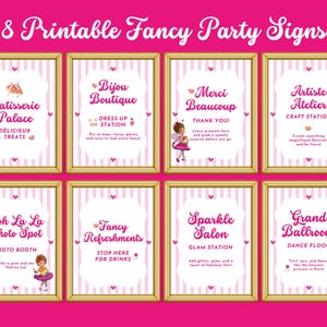 May include: Eight printable party signs with gold frames on a pink background. The signs have a white background with pink stripes and hearts. Each sign has a different theme, such as "Patisserie Palace" and "Grand Ballroom."