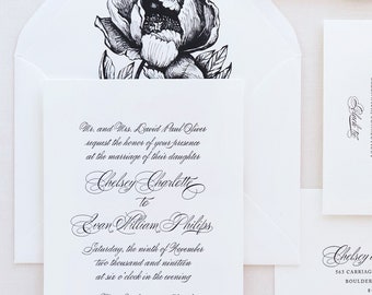 Letterpress Wedding Invitation - Greenwich Design- Monogram,Calligraphy,Traditional, Elegant, Simple, Classic, Script, Custom, Formal, Crest