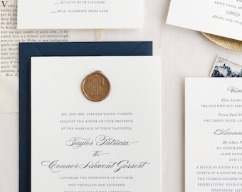 Letterpress Wedding Invitation - Bennet Design- Monogram,Calligraphy,Traditional, Elegant, Simple, Classic, Script, Custom, Formal, Crest