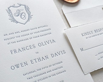 Letterpress Wedding Invitation - York Design- Monogram,Calligraphy,Traditional, Elegant, Simple, Classic, Script, Custom, Formal, Crest