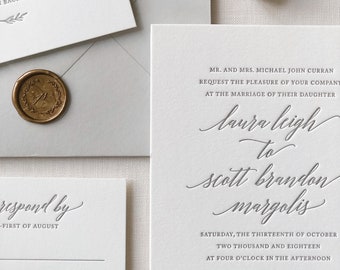 Letterpress Wedding Invitation - Magnolia Design - Foil, Calligraphy,Traditional, Elegant, Simple, Classic, Script, Destination, monogram