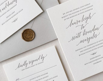 Letterpress Wedding Invitation - Magnolia Design - Foil, Calligraphy,Traditional, Elegant, Simple, Classic, Script, Destination, monogram