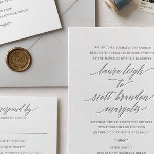 Letterpress Wedding Invitation Magnolia Design Foil, Calligraphy,Traditional, Elegant, Simple, Classic, Script, Destination, monogram image 1