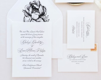 Letterpress Wedding Invitation - Greenwich Design- Monogram,Calligraphy,Traditional, Elegant, Simple, Classic, Script, Custom, Formal, Crest