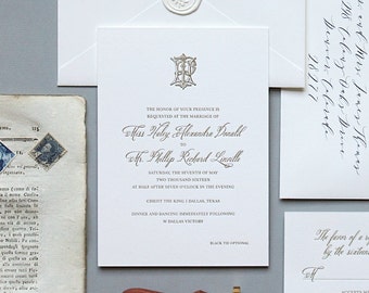 Letterpress Wedding Invitation - Charleston Design- Monogram, Simple, Classic, Formal, Traditional, Gold, Calligraphy, Script