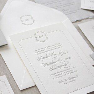 Letterpress Wedding Invitation - Florence design - classic, floral, monogram, wreath, crest, border, formal, elegant, summer, spring
