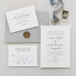 Letterpress Wedding Invitation Magnolia Design Foil, Calligraphy,Traditional, Elegant, Simple, Classic, Script, Destination, monogram image 2