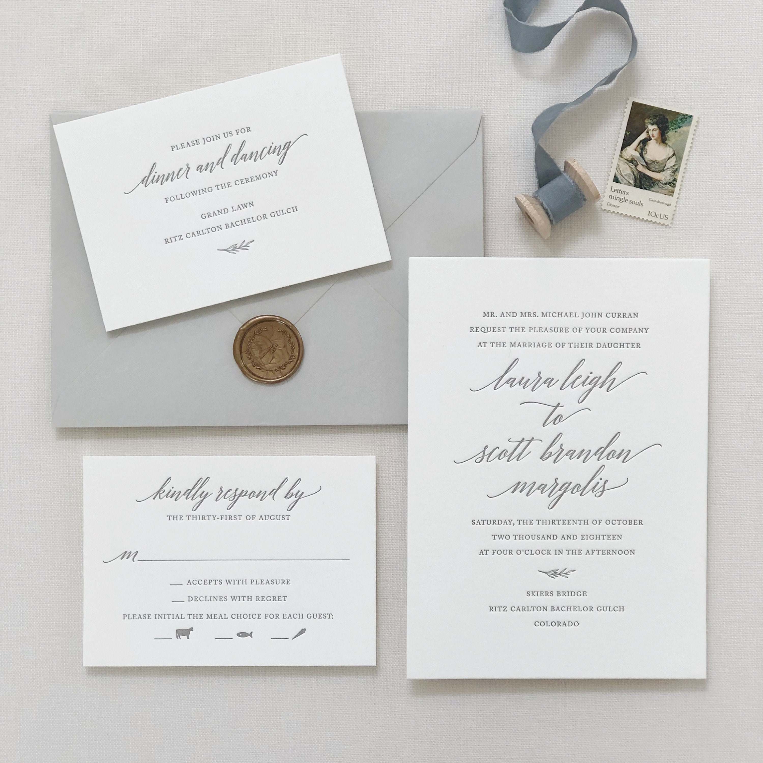 Letterpress Wedding Invitation Magnolia Design Foil, Calligraphy ...