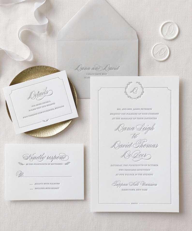 Letterpress Wedding Invitation Florence Design Calligraphy,Traditional, Elegant, Simple, Classic, Custom, Formal, Monogram, Crest image 1