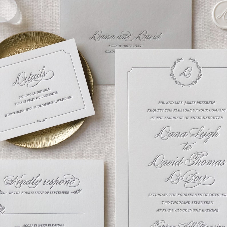 Letterpress Wedding Invitation Florence Design Calligraphy,Traditional, Elegant, Simple, Classic, Custom, Formal, Monogram, Crest image 2