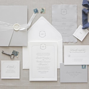 Florence Letterpress Wedding Invitation -Classic, Traditional, Flower, Calligraphy, Monogram, Script, Simple, Elegant, Custom, Formal