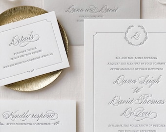 Letterpress Wedding Invitation - Florence Design - Calligraphy,Traditional, Elegant, Simple, Classic, Custom, Formal, Monogram, Crest