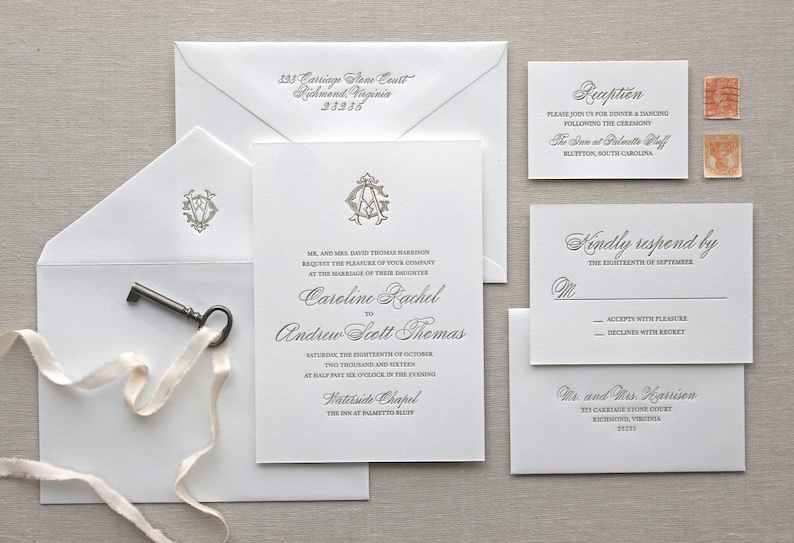 Charleston Letterpress Wedding Invitation Letterpress Etsy