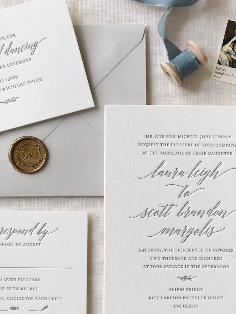 Letterpress Wedding Invitation Magnolia Design Foil, Calligraphy,Traditional, Elegant, Simple, Classic, Script, Destination, monogram image 1