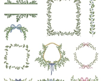 10 machine embroidery designs of wreath frame for monogram of leaves and branches with shield and bows, flower and leaf border embroidery.