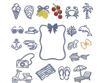 21 La Dolce Vita summer embroidery design elements, coastal themed machine embroidery file, hat, turtle, anchor, fish.