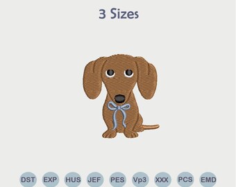 Cute dachshund embroidery design with bow, small pet embroidery file, puppy machine embroidery design with bow