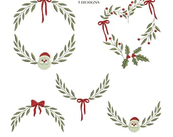 Christmas wreath embroidery design, 5 Christmas embroidery design elements, bow frame embroidery file, festive frames.