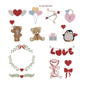 Puede incluir: Una colección de 14 diseños bordados con temas de San Valentín. Los diseños incluyen corazones con alas, globos, un arco y una flecha, un candado en forma de corazón, osos de peluche, un pingüino, una caja de regalo y la palabra "LOVE".