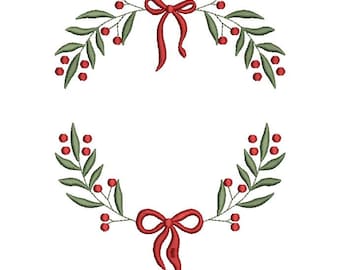 Christmas wreath embroidery design with bows, festive monogram frame embroidery file, Christmas frame embroidery pattern.