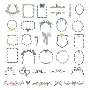 May include: A collection of digital embroidery designs featuring various decorative frames, borders, and bows. The set includes circular, rectangular, and shield-shaped frames adorned with green leaves, blue ribbons, and small floral accents on a white background.