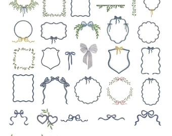 Package of 32 embroidery designs of frames, floral wreaths, bows, shields, floral borders, monogram leaf frame with bow and branches.