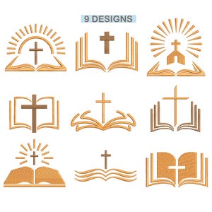 Puede incluir: Nueve diseños de bordado con símbolos religiosos. Cada diseño incluye una cruz y un libro abierto, con variaciones que incluyen rayos de sol y siluetas de iglesias. Los diseños son en tonos marrones y dorados, con el texto "9 DESIGNS" en la parte superior.