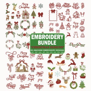 Puede incluir: Una colección digital de más de 85 diseños de bordado a máquina con motivos navideños que incluyen a Santa Claus, renos, hombres de jengibre, coronas, acebo, copos de nieve y textos festivos en rojo y verde para diversas máquinas.