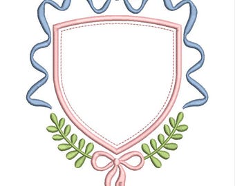 Banner frame embroidery design with bow and leaf shield, crest frame embroidery file with bows, floral crest frame.