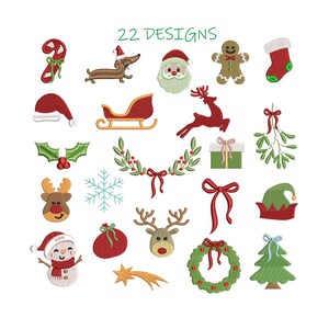 Puede incluir: Una colección de 22 diseños navideños bordados, que incluyen un bastón de caramelo, Papá Noel, un reno, un muñeco de nieve, un hombre de jengibre y un árbol de Navidad. Los diseños son en rojo, verde, blanco y marrón. El texto "22 DESIGNS" está en verde.