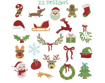 Könnte beinhalten: Eine Sammlung von 22 gestickten Weihnachtsdesigns, darunter eine Zuckerstange, der Weihnachtsmann, ein Rentier, ein Schneemann, ein Lebkuchenmann und ein Weihnachtsbaum. Die Designs sind in Rot, Grün, Weiß und Braun gehalten. Der Text "22 DESIGNS" ist grün.