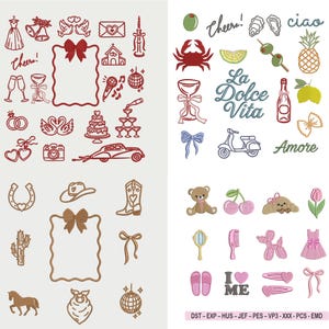 Op de afbeelding: Een verzameling van diverse geborduurde patches in rood, bruin en roze. De patches bevatten huwelijksthema's zoals een jurk en ringen, samen met Italiaanse zinnen en andere schattige ontwerpen.