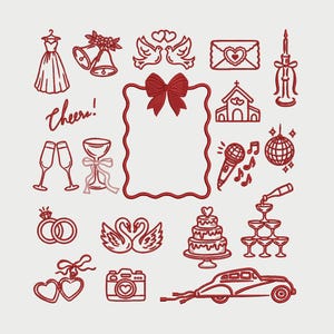 May include: Red line art illustrations of wedding-themed elements, including a dress, bells, doves, an envelope, a candle, a frame, champagne glasses, rings, swans, a cake, a car, and a camera. The word "Cheers!" is also included.