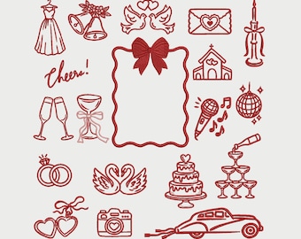19 elements of wedding embroidery designs, embroidery file for bride and groom, engagement embroidery, medallion, cake, dress, church.
