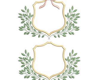 Leaf shield frame embroidery design, Floral shield frame embroidery pattern, Flower shield frame for monogram.