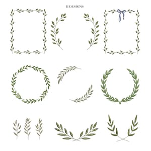 May include: A collection of 11 botanical designs, including rectangular and circular frames, sprigs, and wreaths. The designs feature green leaves and stems, with a blue bow on one frame. The text "11 DESIGNS" is at the top.