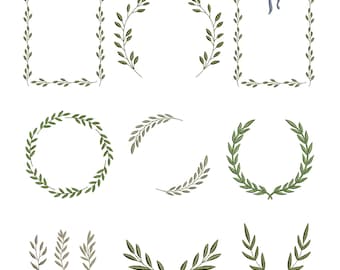 Set of 11 branch, wreath, and leaf frame embroidery designs, collection of frames and laurel wreaths, leaf frame embroidery pattern