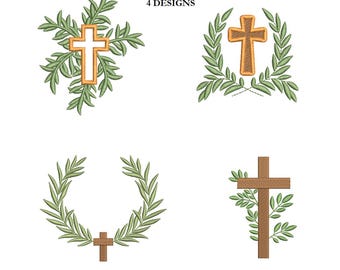 Set of 4 cross stitch designs with laurel leaves, Christian cross stitch file, cross frame, floral cross, baptism, Easter.