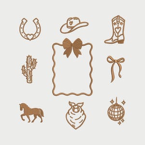 May include: A collection of brown line art illustrations featuring Western-themed elements. Included are a horseshoe, cowboy hat, cowboy boot, cactus, bow, frame, horse, bandana, and disco ball.